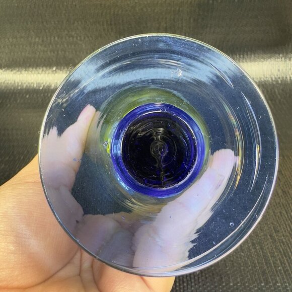 Cadmium UV Glowing Glass Goblets Cups Set 2 Yellow Top Blue Stem Textured Cups - Picture 9 of 16